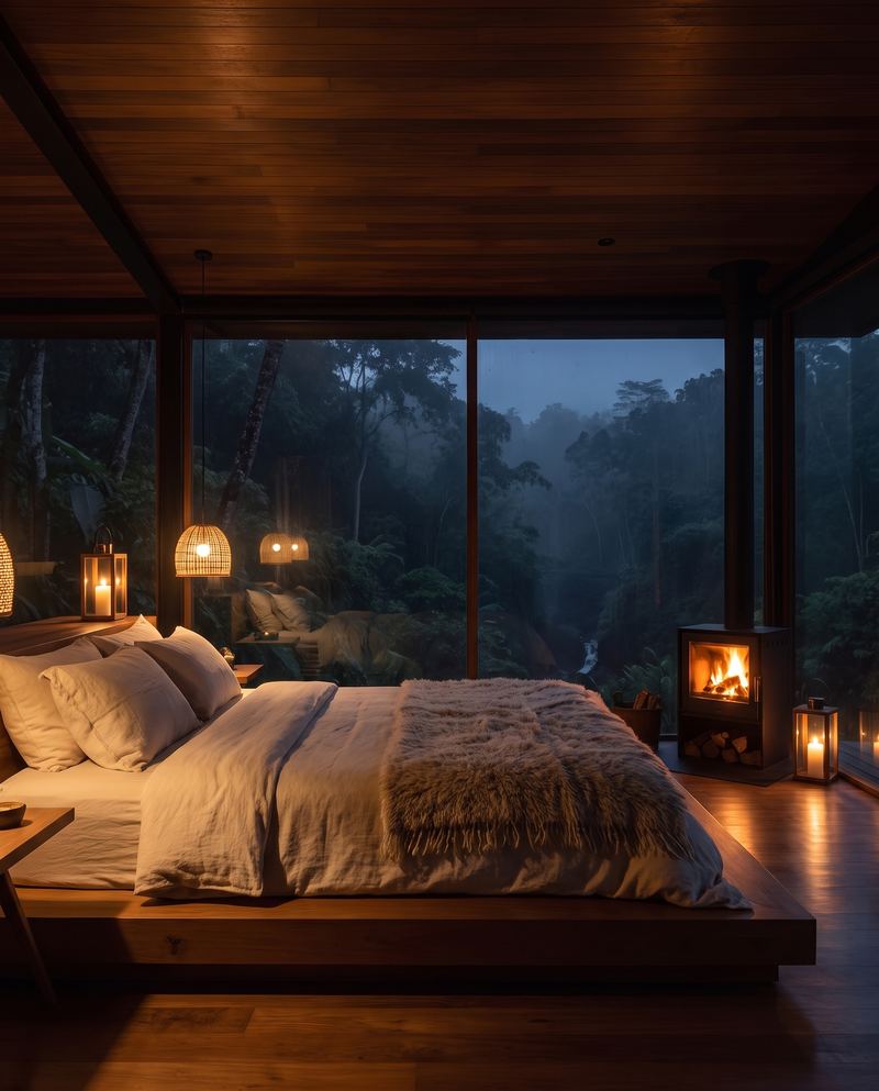A villa bedroom facing the forest, a fire lit beside the bed.