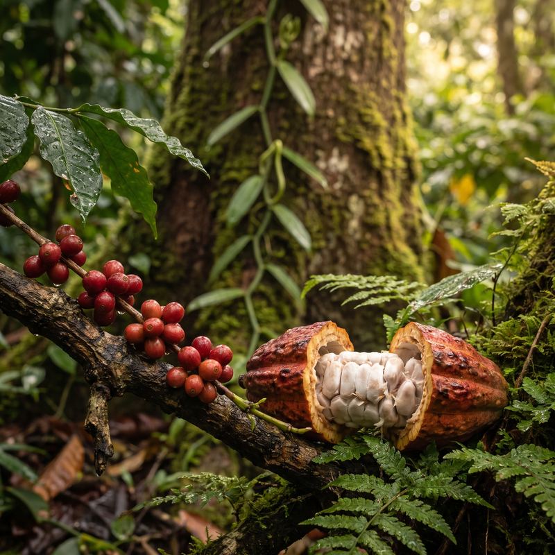A harvest of coffee cherries and cacao on a forest table.