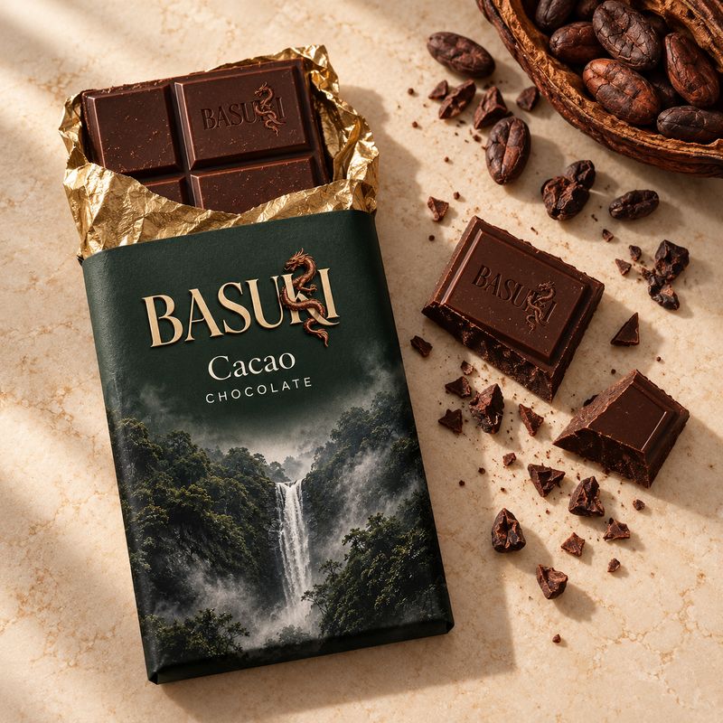A Basuki cacao jar with the waterfall label.