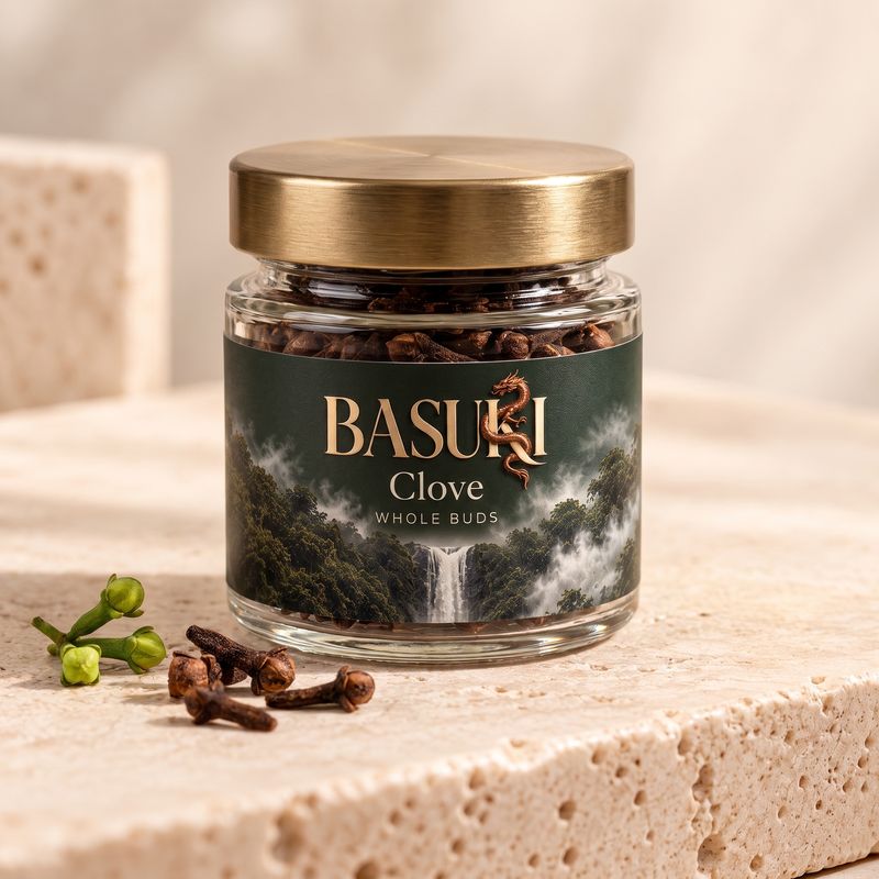 A Basuki clove jar with the waterfall label.