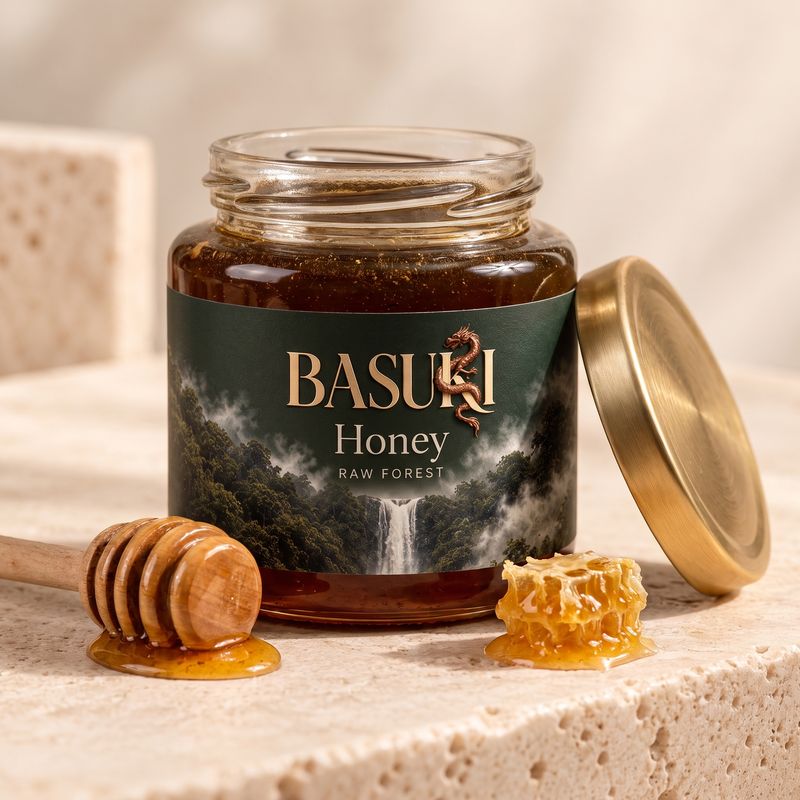 A Basuki honey jar with the waterfall label.