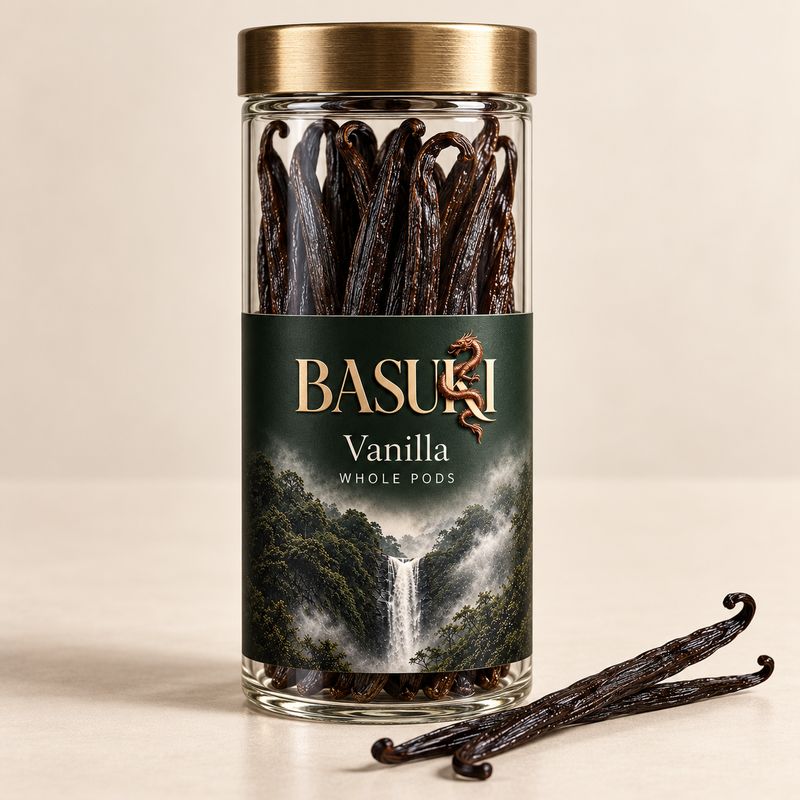 A Basuki vanilla jar with the waterfall label.