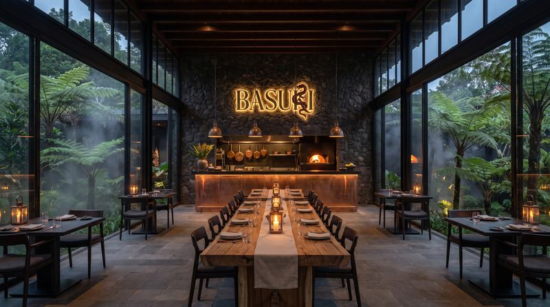 A long table set in a timber restaurant, lamps lit.