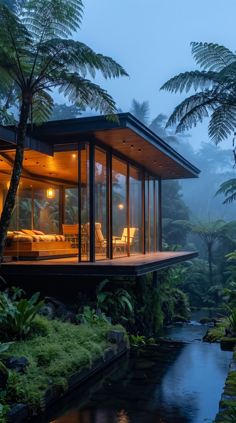 A glass-walled villa on timber stilts, lit warm in the evening forest.